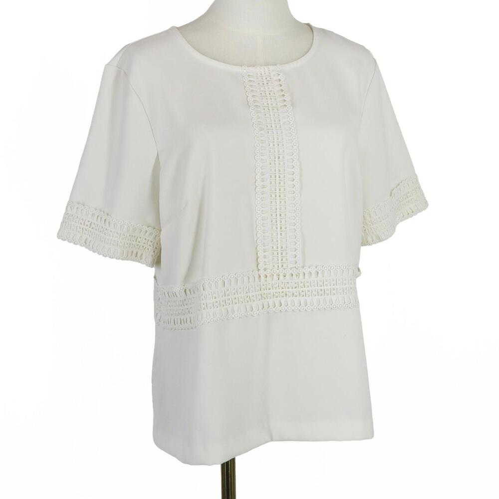 Ann Taylor Women's Lace Trim White Short Sleeve Blouse Size Large
